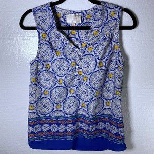 Skies Are Blue Women's Size XS Blue Geometric Tank Top Y Neckline Career Blouse
